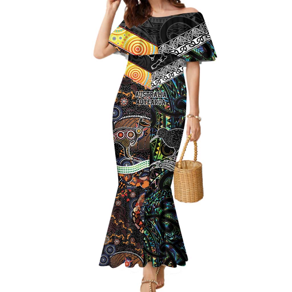 Personalised New Zealand and Australia Family Matching Mermaid Dress and Hawaiian Shirt Maori Mix Aboriginal Art Style LT9 Mom's Dress Black - Polynesian Pride