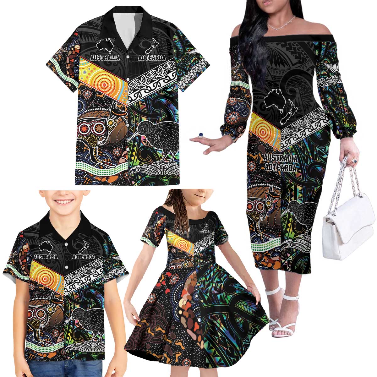 Personalised New Zealand and Australia Family Matching Off The Shoulder Long Sleeve Dress and Hawaiian Shirt Maori Mix Aboriginal Art Style LT9 - Polynesian Pride
