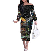 Personalised New Zealand and Australia Family Matching Off The Shoulder Long Sleeve Dress and Hawaiian Shirt Maori Mix Aboriginal Art Style LT9 Mom's Dress Black - Polynesian Pride