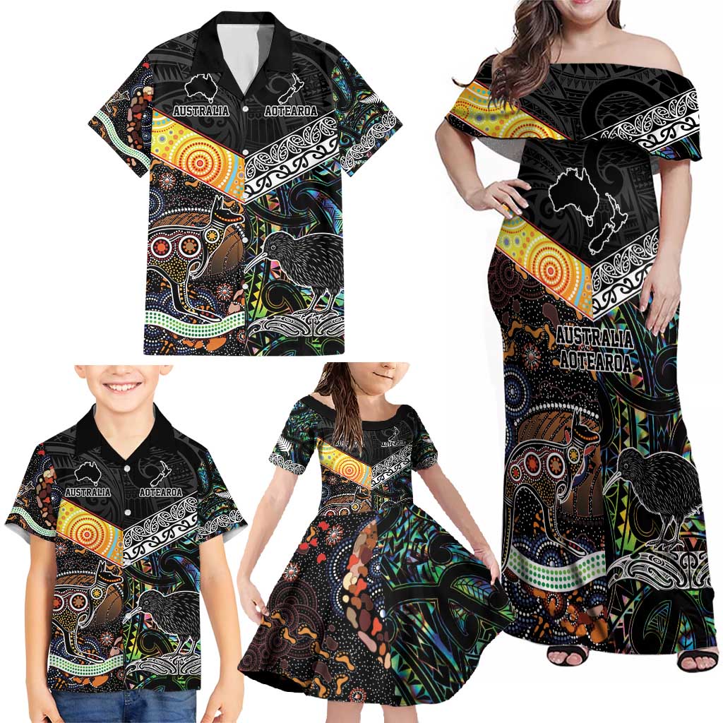 Personalised New Zealand and Australia Family Matching Off Shoulder Maxi Dress and Hawaiian Shirt Maori Mix Aboriginal Art Style LT9 - Polynesian Pride
