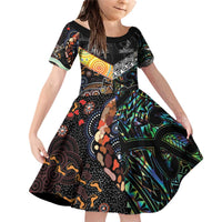 Personalised New Zealand and Australia Family Matching Off Shoulder Short Dress and Hawaiian Shirt Maori Mix Aboriginal Art Style LT9 Daughter's Dress Black - Polynesian Pride