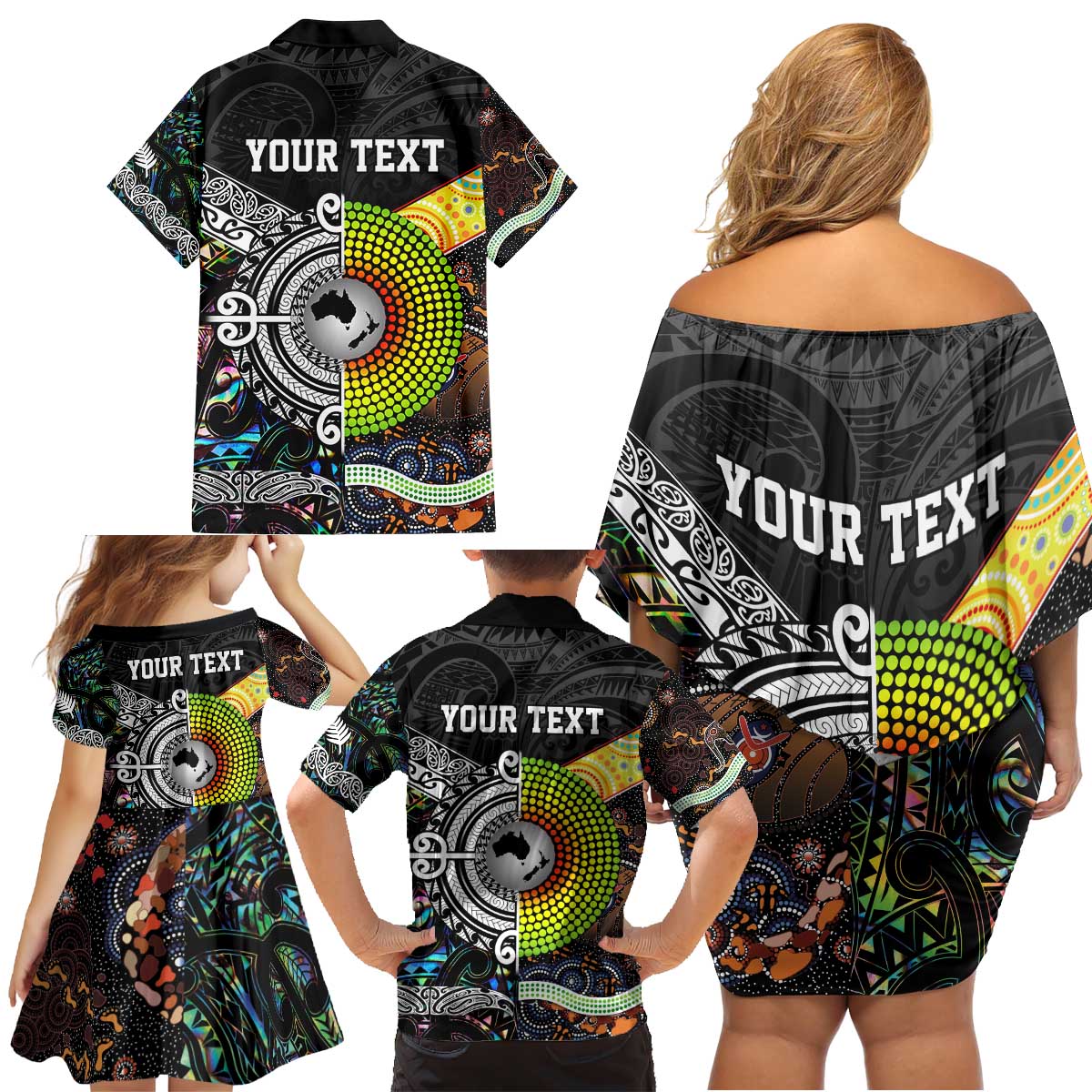 Personalised New Zealand and Australia Family Matching Off Shoulder Short Dress and Hawaiian Shirt Maori Mix Aboriginal Art Style LT9 - Polynesian Pride