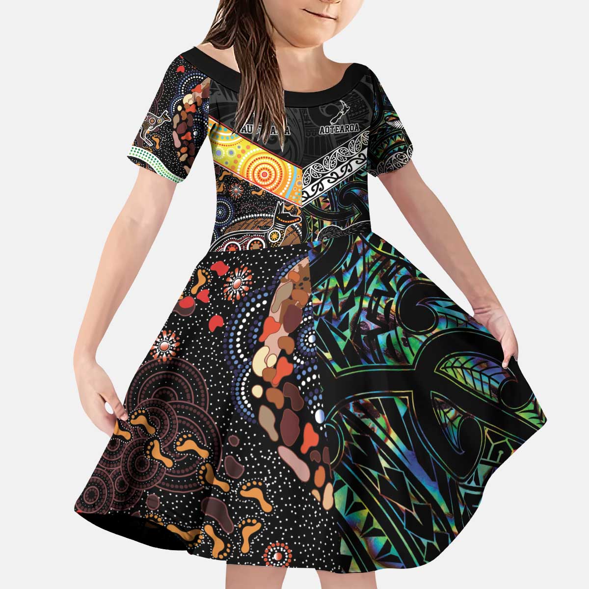 Personalised New Zealand and Australia Family Matching Puletasi and Hawaiian Shirt Maori Mix Aboriginal Art Style LT9 Daughter's Dress Black - Polynesian Pride