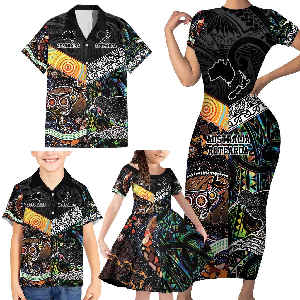 Personalised New Zealand and Australia Family Matching Short Sleeve Bodycon Dress and Hawaiian Shirt Maori Mix Aboriginal Art Style LT9 - Polynesian Pride