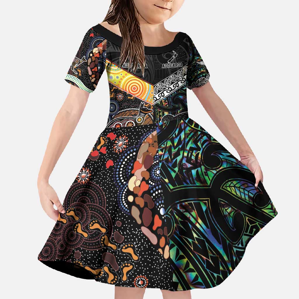 Personalised New Zealand and Australia Family Matching Summer Maxi Dress and Hawaiian Shirt Maori Mix Aboriginal Art Style LT9 Daughter's Dress Black - Polynesian Pride