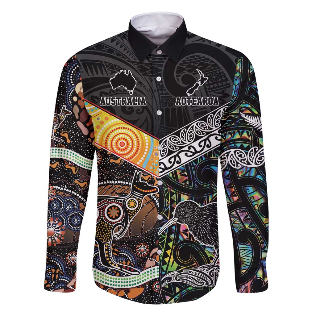 Personalised New Zealand and Australia Family Matching Summer Maxi Dress and Hawaiian Shirt Maori Mix Aboriginal Art Style LT9 Dad's Shirt - Long Sleeve Black - Polynesian Pride