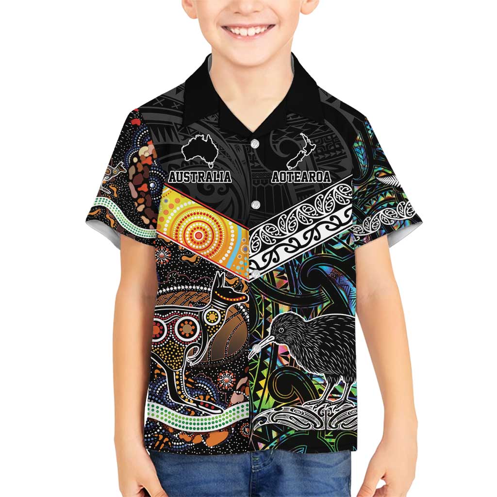 Personalised New Zealand and Australia Family Matching Summer Maxi Dress and Hawaiian Shirt Maori Mix Aboriginal Art Style LT9 Son's Shirt Black - Polynesian Pride