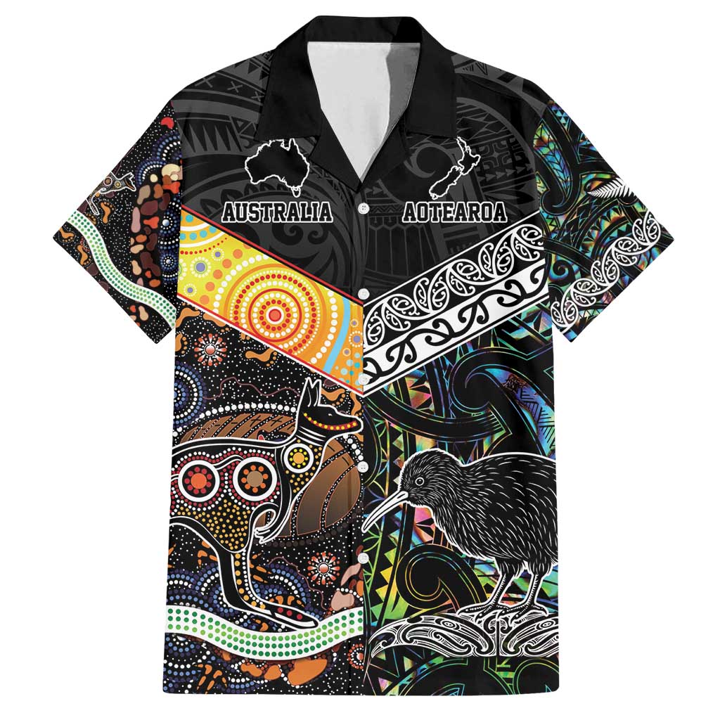 Personalised New Zealand and Australia Family Matching Tank Maxi Dress and Hawaiian Shirt Maori Mix Aboriginal Art Style LT9 Dad's Shirt - Short Sleeve Black - Polynesian Pride