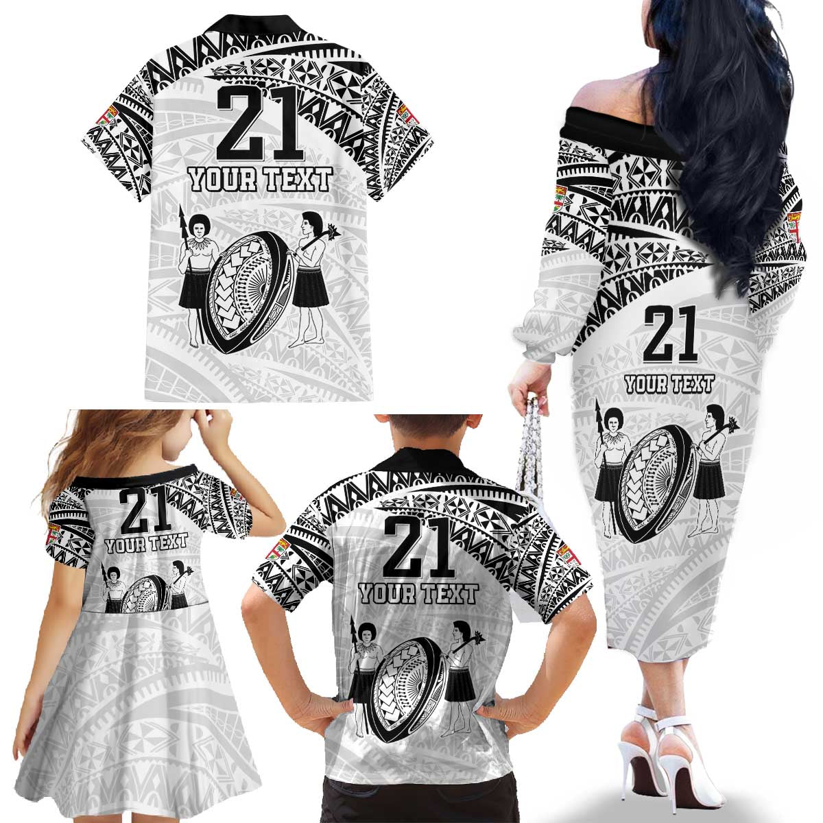 Custom Fiji Rugby Pacific Family Matching Off The Shoulder Long Sleeve Dress and Hawaiian Shirt Polynesian Palm Tattoo LT9 - Polynesian Pride