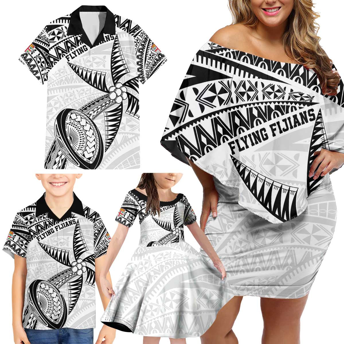 Custom Fiji Rugby Pacific Family Matching Off Shoulder Short Dress and Hawaiian Shirt Polynesian Palm Tattoo LT9 - Polynesian Pride