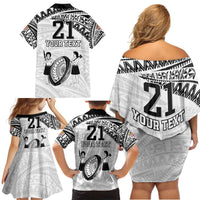 Custom Fiji Rugby Pacific Family Matching Off Shoulder Short Dress and Hawaiian Shirt Polynesian Palm Tattoo LT9 - Polynesian Pride