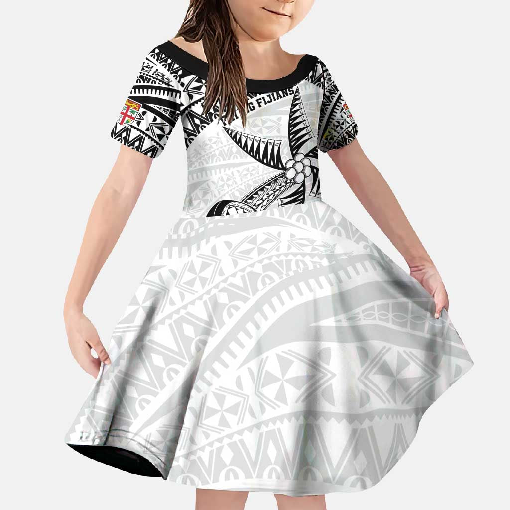 Custom Fiji Rugby Pacific Family Matching Short Sleeve Bodycon Dress and Hawaiian Shirt Polynesian Palm Tattoo LT9 Daughter's Dress White - Polynesian Pride