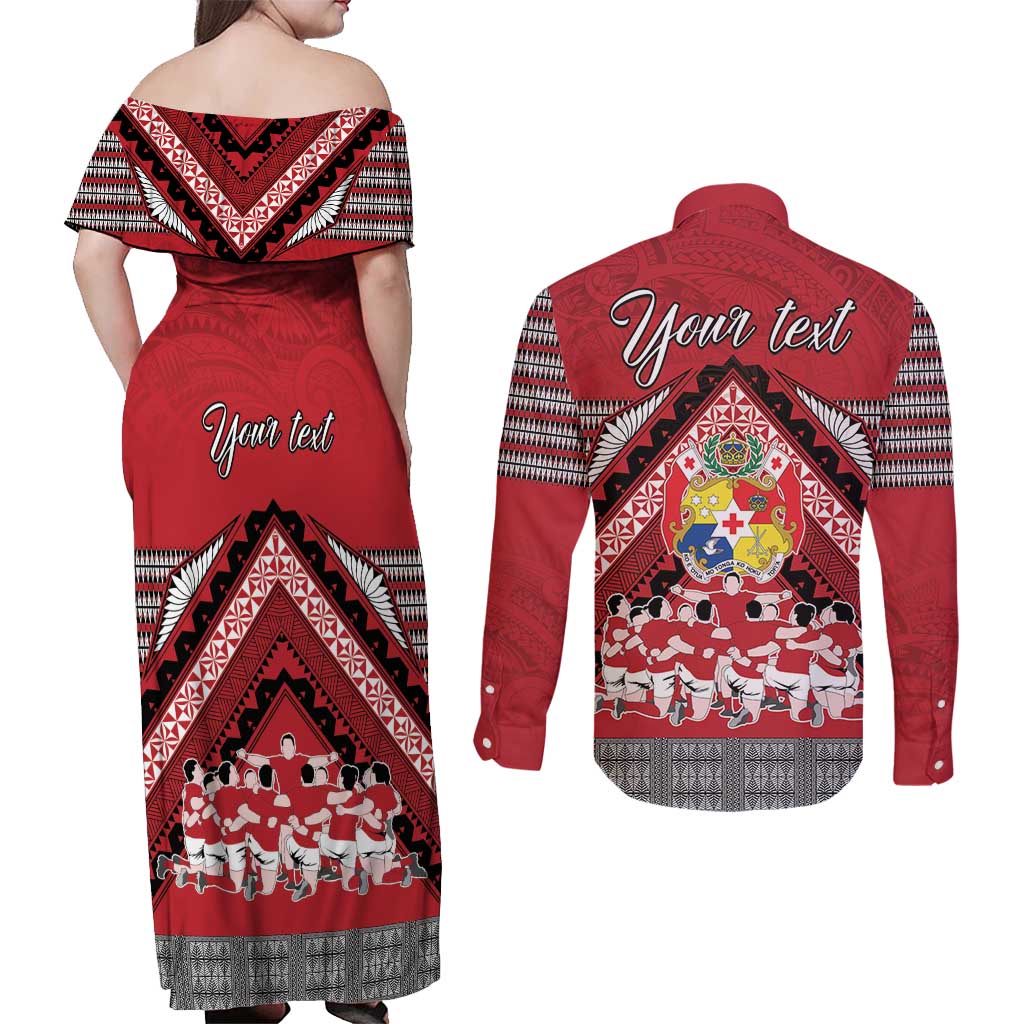 Personalised Tonga Rugby Pacific Couples Matching Off Shoulder Maxi Dress and Long Sleeve Button Shirt Ikale Tahi Sipi Tau LT9 - Polynesian Pride