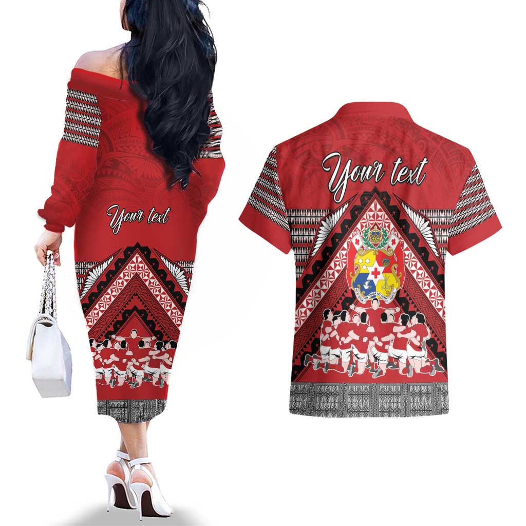 Personalised Tonga Rugby Pacific Couples Matching Off The Shoulder Long Sleeve Dress and Hawaiian Shirt Ikale Tahi Sipi Tau