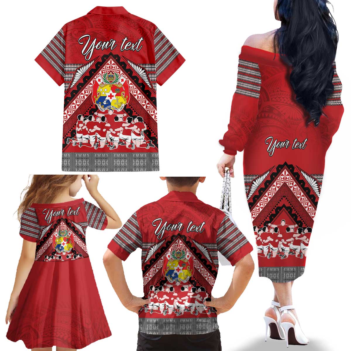 Personalised Tonga Rugby Pacific Family Matching Off The Shoulder Long Sleeve Dress and Hawaiian Shirt Ikale Tahi Sipi Tau LT9 - Polynesian Pride