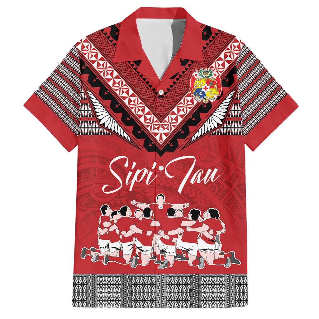 Personalised Tonga Rugby Pacific Family Matching Off Shoulder Maxi Dress and Hawaiian Shirt Ikale Tahi Sipi Tau LT9 Dad's Shirt - Short Sleeve Red - Polynesian Pride