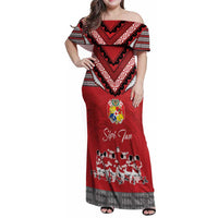Personalised Tonga Rugby Pacific Family Matching Off Shoulder Maxi Dress and Hawaiian Shirt Ikale Tahi Sipi Tau LT9 Mom's Dress Red - Polynesian Pride