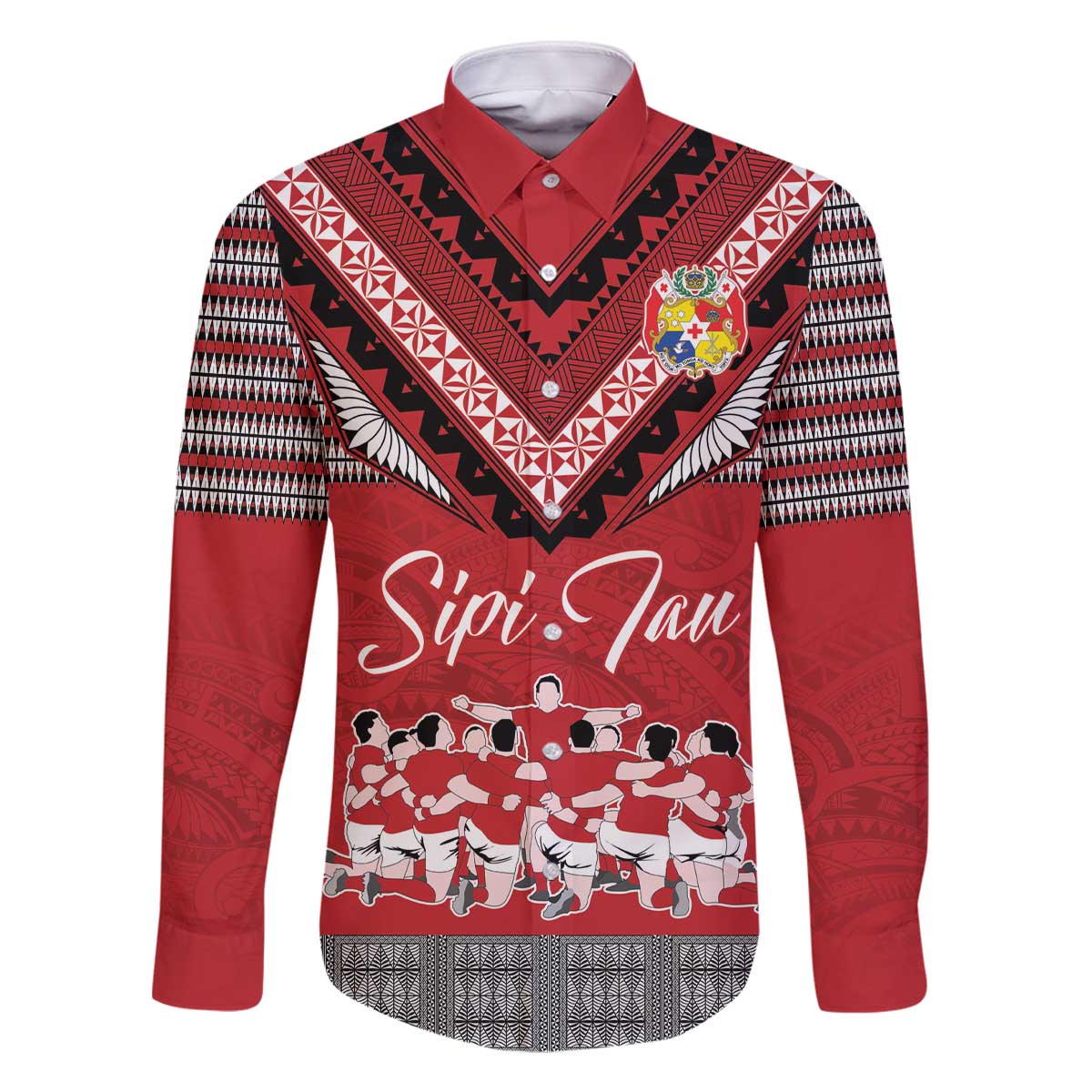 Personalised Tonga Rugby Pacific Family Matching Off Shoulder Short Dress and Hawaiian Shirt Ikale Tahi Sipi Tau LT9 Dad's Shirt - Long Sleeve Red - Polynesian Pride