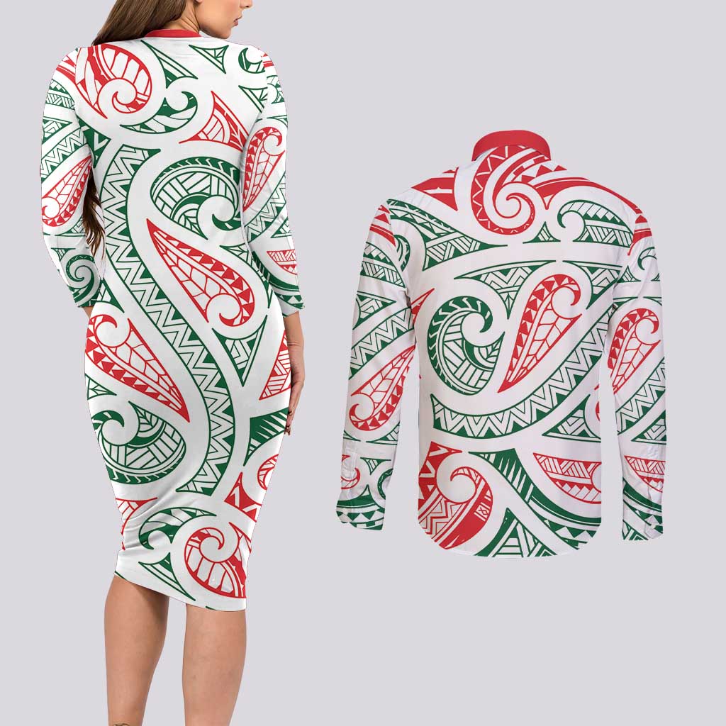 New Zealand Kowhaiwhai Christmas Couples Matching Long Sleeve Bodycon Dress and Long Sleeve Button Shirt Traditional Maori Koru Pattern LT9 - Polynesian Pride
