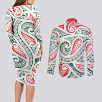 New Zealand Kowhaiwhai Christmas Couples Matching Long Sleeve Bodycon Dress and Long Sleeve Button Shirt Traditional Maori Koru Pattern LT9 - Polynesian Pride