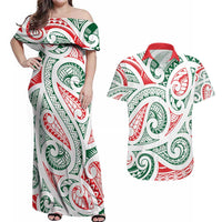 New Zealand Kowhaiwhai Christmas Couples Matching Off Shoulder Maxi Dress and Hawaiian Shirt Traditional Maori Koru Pattern LT9 White - Polynesian Pride