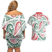 New Zealand Kowhaiwhai Christmas Couples Matching Off Shoulder Short Dress and Hawaiian Shirt Traditional Maori Koru Pattern LT9 - Polynesian Pride