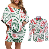 New Zealand Kowhaiwhai Christmas Couples Matching Off Shoulder Short Dress and Long Sleeve Button Shirt Traditional Maori Koru Pattern LT9 White - Polynesian Pride