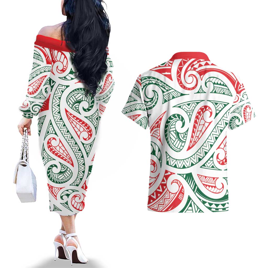 New Zealand Kowhaiwhai Christmas Couples Matching Off The Shoulder Long Sleeve Dress and Hawaiian Shirt Traditional Maori Koru Pattern LT9 - Polynesian Pride