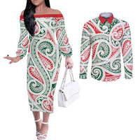New Zealand Kowhaiwhai Christmas Couples Matching Off The Shoulder Long Sleeve Dress and Long Sleeve Button Shirt Traditional Maori Koru Pattern LT9 White - Polynesian Pride