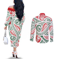 New Zealand Kowhaiwhai Christmas Couples Matching Off The Shoulder Long Sleeve Dress and Long Sleeve Button Shirt Traditional Maori Koru Pattern LT9 - Polynesian Pride