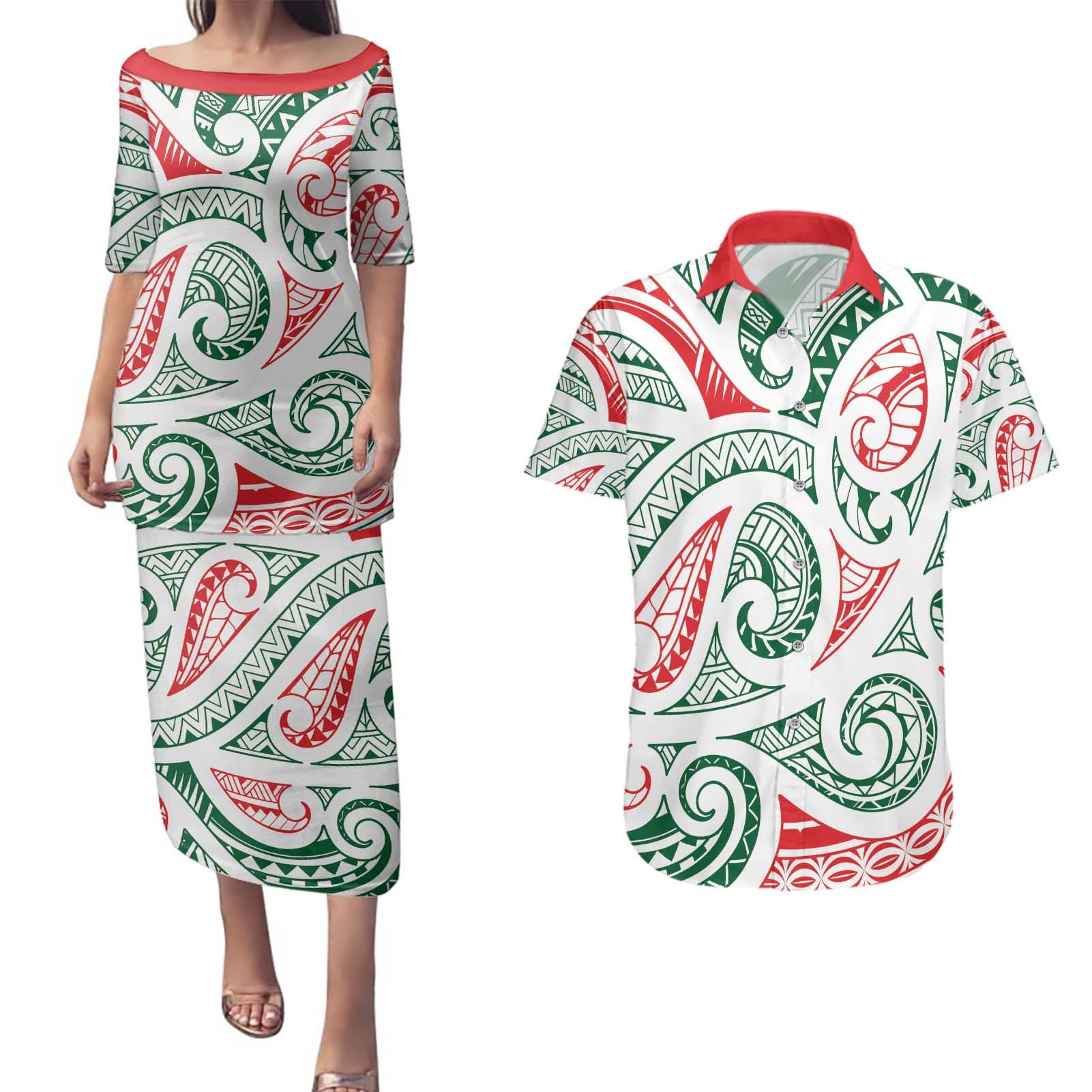 New Zealand Kowhaiwhai Christmas Couples Matching Puletasi and Hawaiian Shirt Traditional Maori Koru Pattern - Polynesian Pride