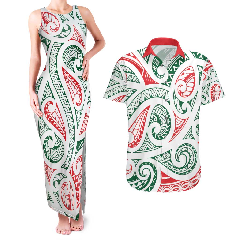 New Zealand Kowhaiwhai Christmas Couples Matching Tank Maxi Dress and Hawaiian Shirt Traditional Maori Koru Pattern - Polynesian Pride