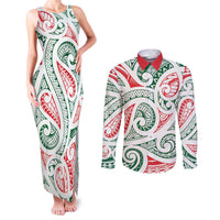 New Zealand Kowhaiwhai Christmas Couples Matching Tank Maxi Dress and Long Sleeve Button Shirt Traditional Maori Koru Pattern LT9 White - Polynesian Pride