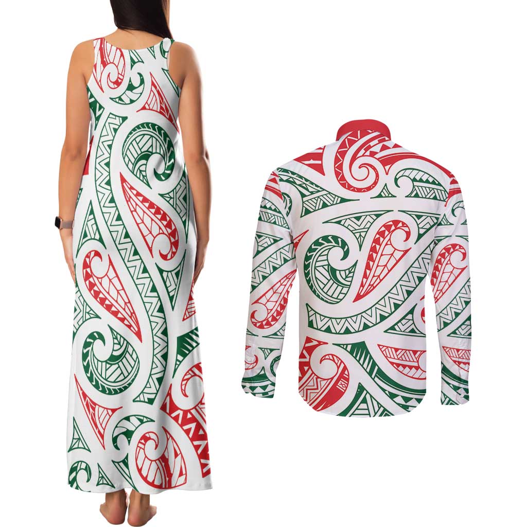 New Zealand Kowhaiwhai Christmas Couples Matching Tank Maxi Dress and Long Sleeve Button Shirt Traditional Maori Koru Pattern LT9 - Polynesian Pride