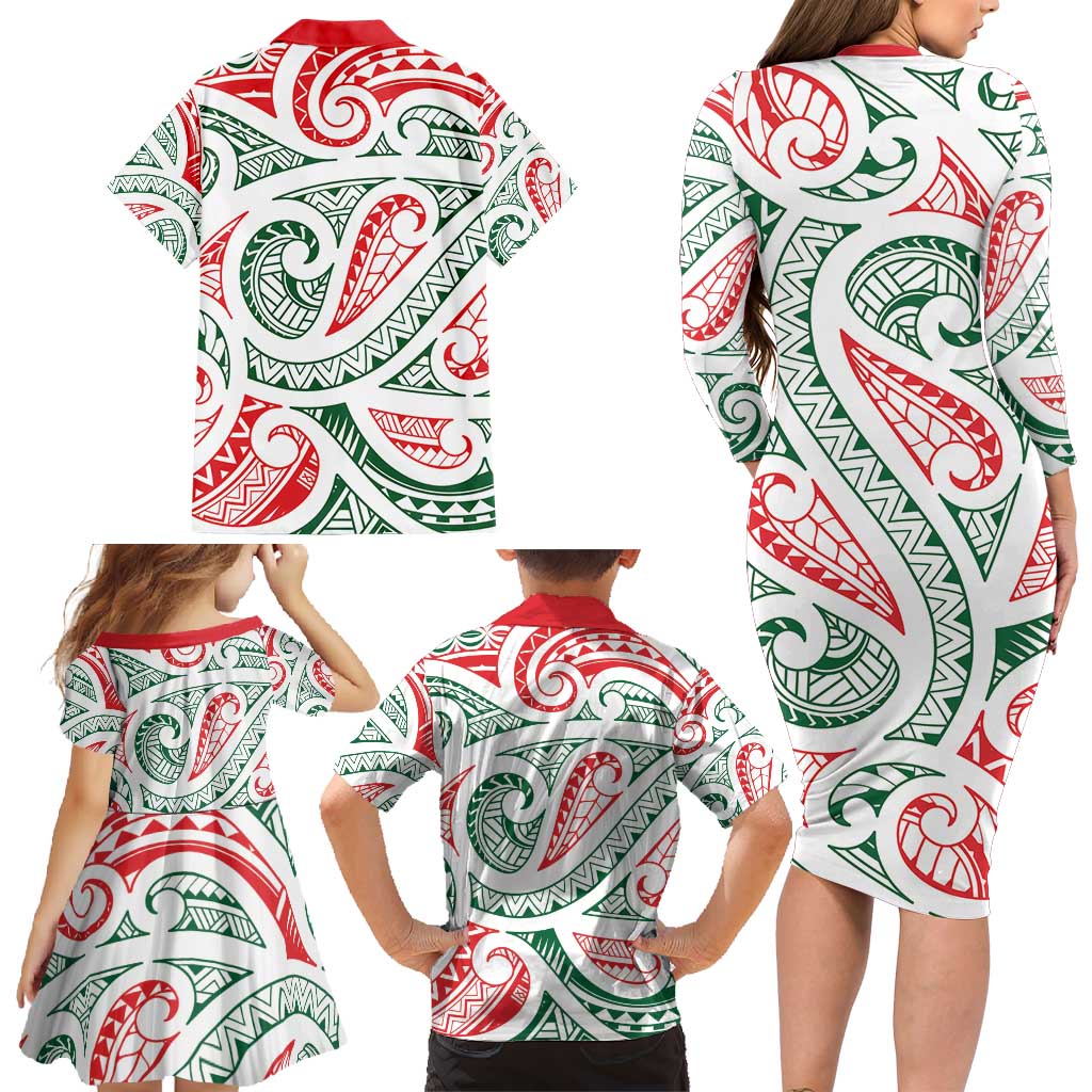 New Zealand Kowhaiwhai Christmas Family Matching Long Sleeve Bodycon Dress and Hawaiian Shirt Traditional Maori Koru Pattern LT9 - Polynesian Pride