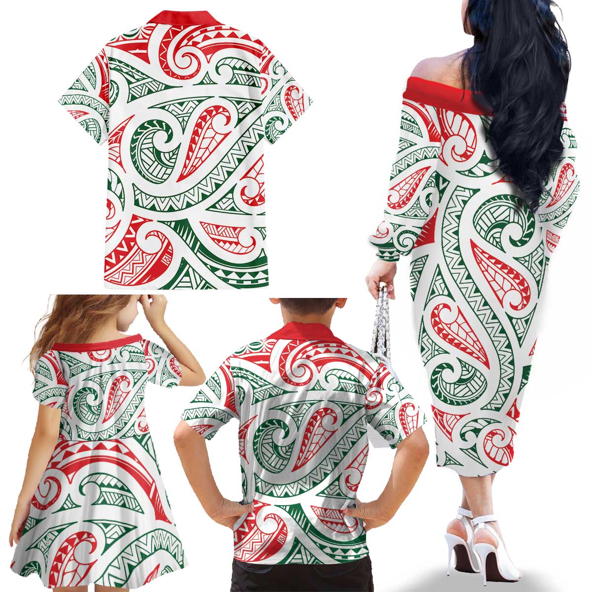 New Zealand Kowhaiwhai Christmas Family Matching Off The Shoulder Long Sleeve Dress and Hawaiian Shirt Traditional Maori Koru Pattern LT9 - Polynesian Pride