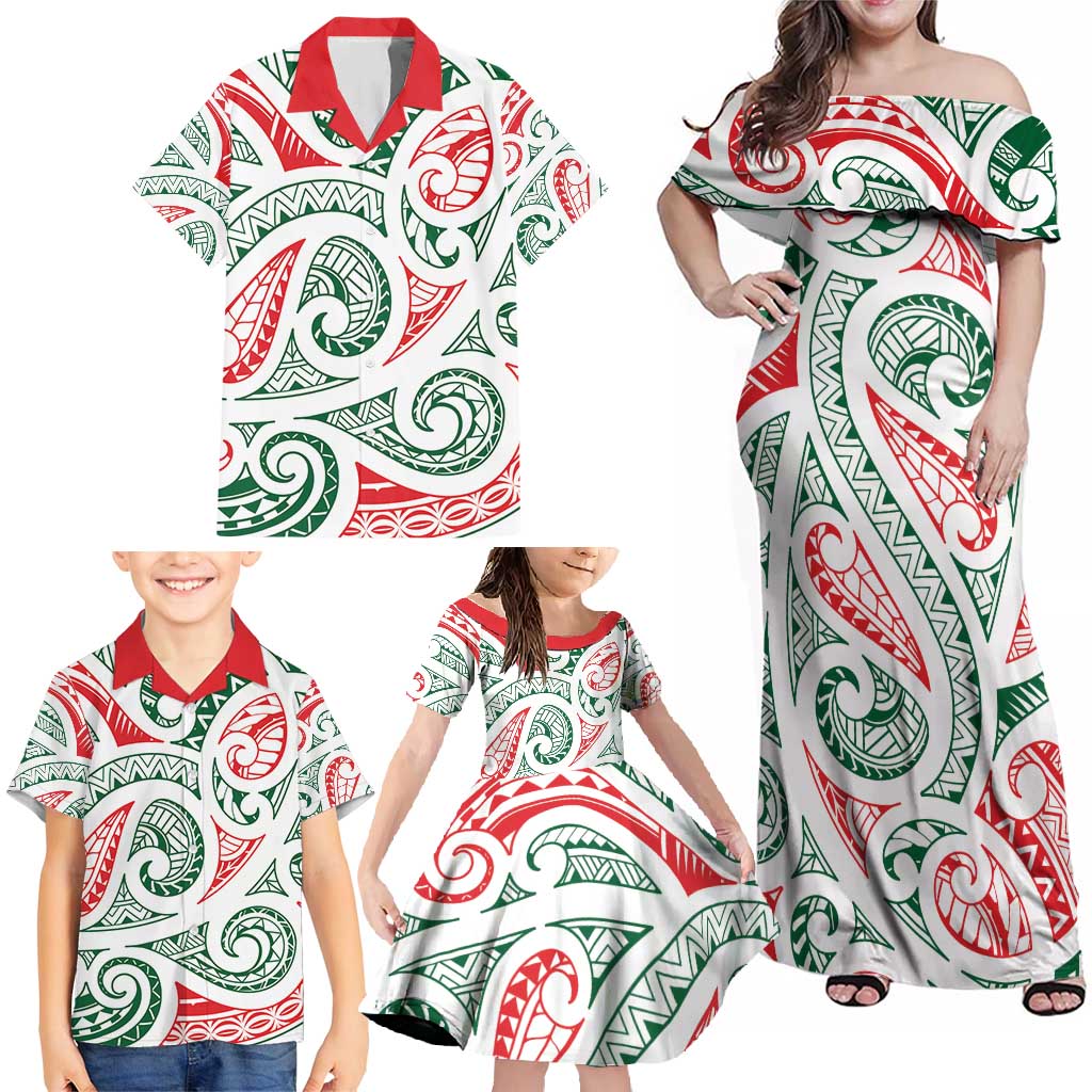 New Zealand Kowhaiwhai Christmas Family Matching Off Shoulder Maxi Dress and Hawaiian Shirt Traditional Maori Koru Pattern LT9 - Polynesian Pride
