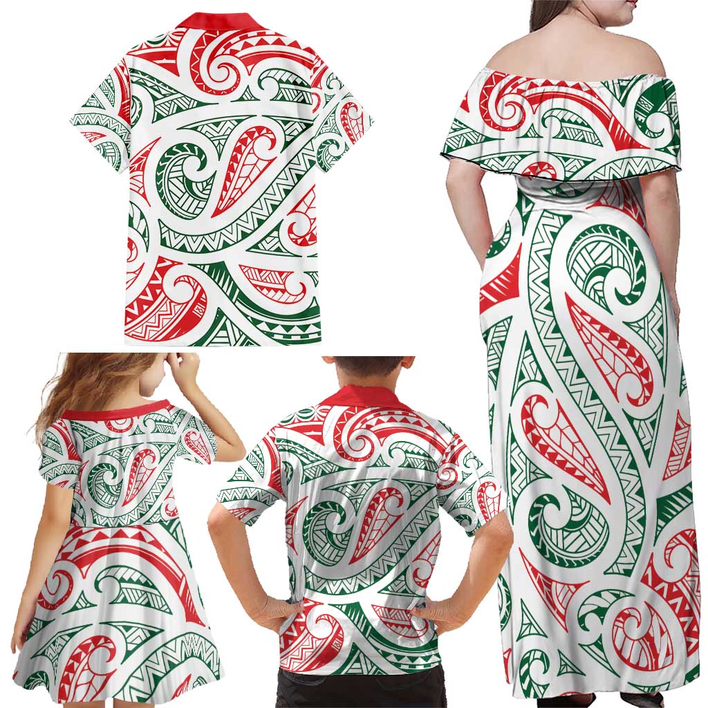 New Zealand Kowhaiwhai Christmas Family Matching Off Shoulder Maxi Dress and Hawaiian Shirt Traditional Maori Koru Pattern LT9 - Polynesian Pride