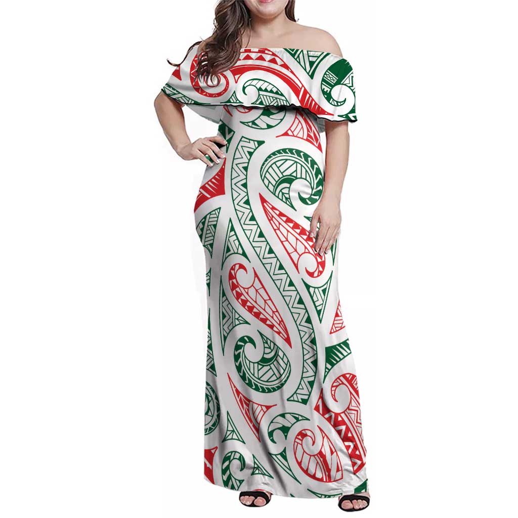 New Zealand Kowhaiwhai Christmas Family Matching Off Shoulder Maxi Dress and Hawaiian Shirt Traditional Maori Koru Pattern LT9 Mom's Dress White - Polynesian Pride