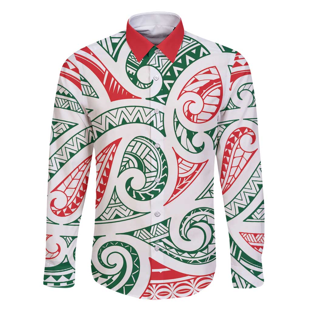 New Zealand Kowhaiwhai Christmas Family Matching Off Shoulder Short Dress and Hawaiian Shirt Traditional Maori Koru Pattern LT9 Dad's Shirt - Long Sleeve White - Polynesian Pride