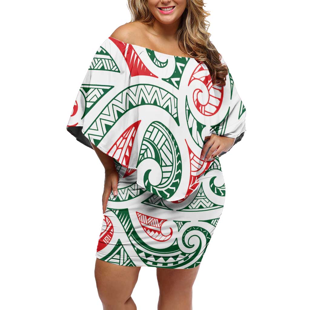 New Zealand Kowhaiwhai Christmas Family Matching Off Shoulder Short Dress and Hawaiian Shirt Traditional Maori Koru Pattern LT9 Mom's Dress White - Polynesian Pride