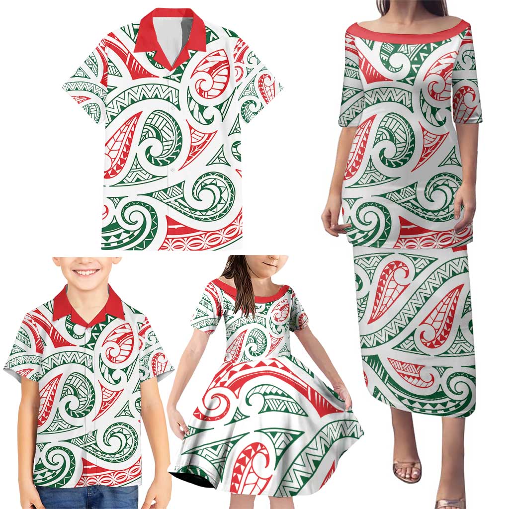 New Zealand Kowhaiwhai Christmas Family Matching Puletasi and Hawaiian Shirt Traditional Maori Koru Pattern - Polynesian Pride