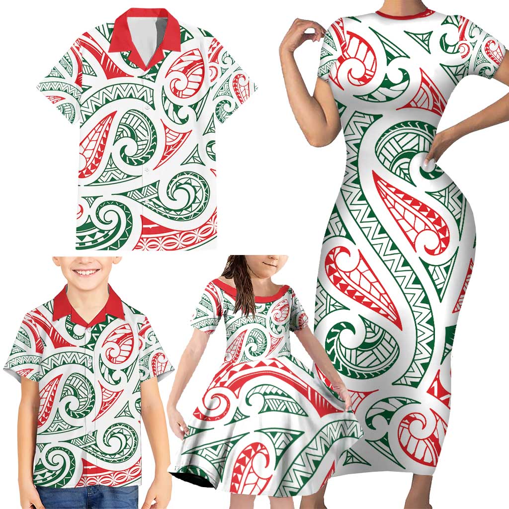 New Zealand Kowhaiwhai Christmas Family Matching Short Sleeve Bodycon Dress and Hawaiian Shirt Traditional Maori Koru Pattern LT9 - Polynesian Pride