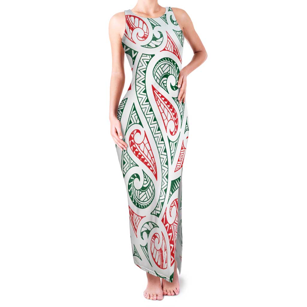 New Zealand Kowhaiwhai Christmas Family Matching Tank Maxi Dress and Hawaiian Shirt Traditional Maori Koru Pattern LT9 Mom's Dress White - Polynesian Pride