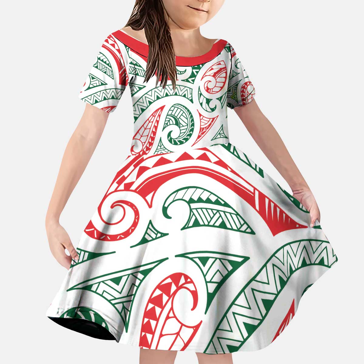 New Zealand Kowhaiwhai Christmas Kid Short Sleeve Dress Traditional Maori Koru Pattern - Polynesian Pride