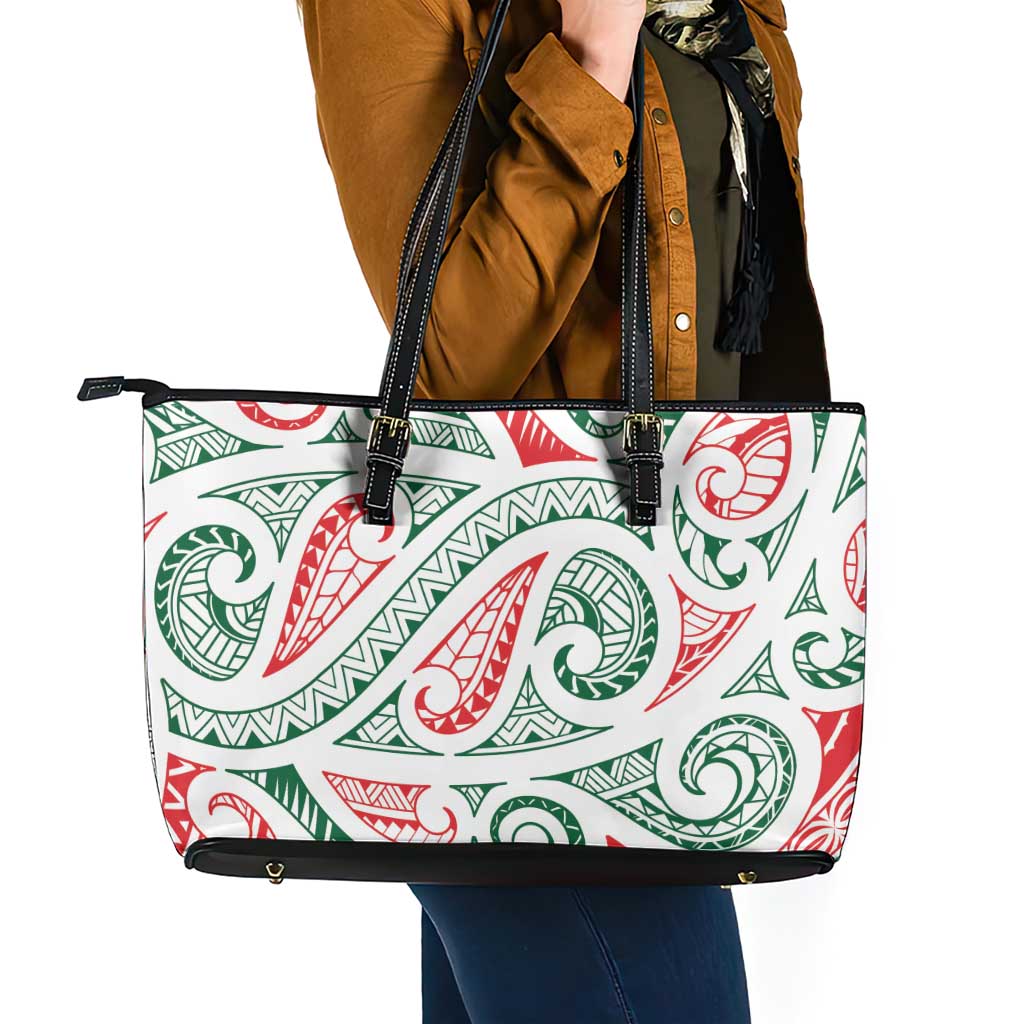 New Zealand Kowhaiwhai Christmas Leather Tote Bag Traditional Maori Koru Pattern - Polynesian Pride