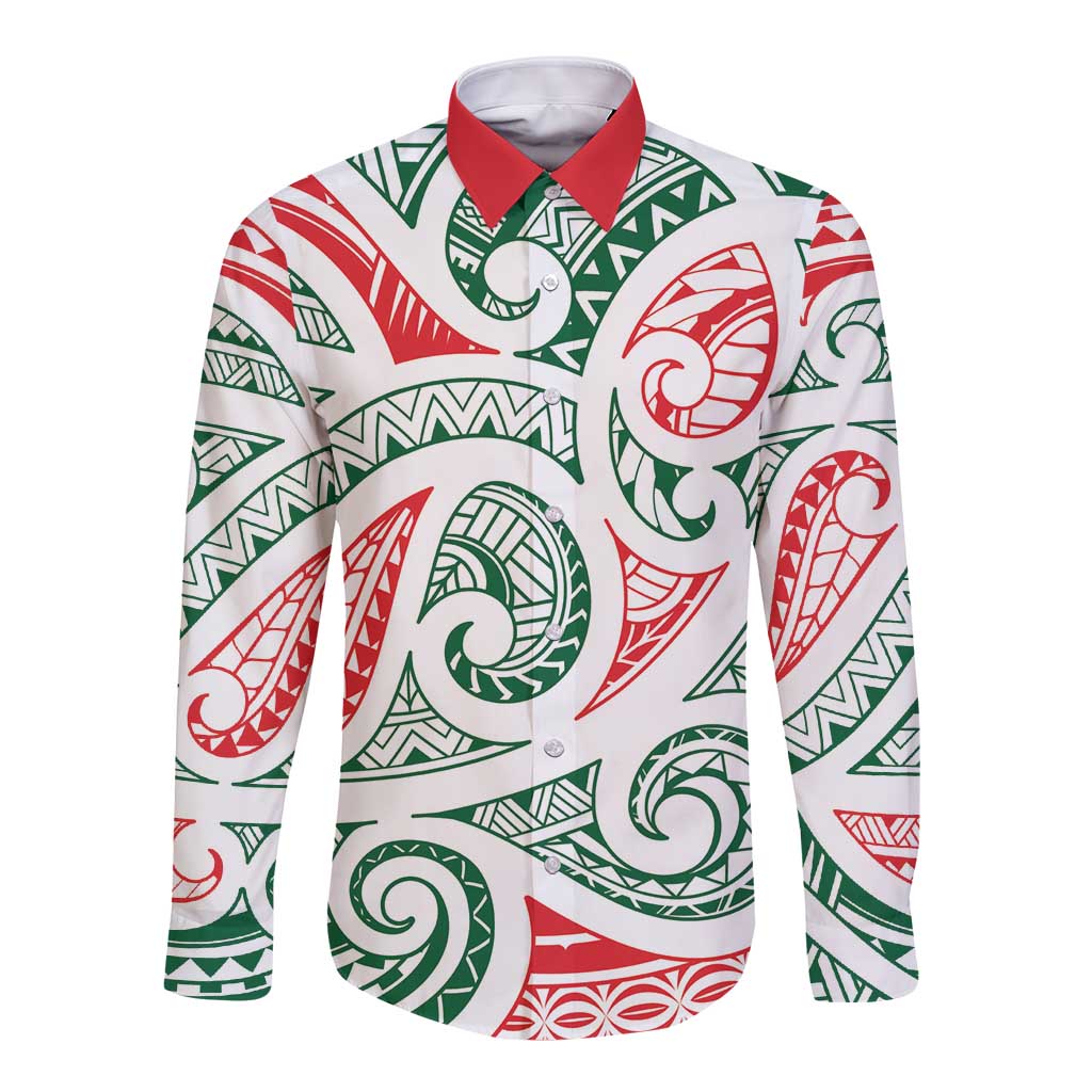 New Zealand Kowhaiwhai Christmas Long Sleeve Button Shirt Traditional Maori Koru Pattern LT9 Unisex White - Polynesian Pride