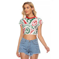 New Zealand Kowhaiwhai Christmas Raglan Cropped T Shirt Traditional Maori Koru Pattern - Polynesian Pride