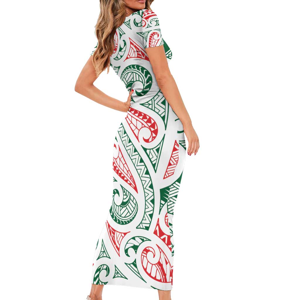 New Zealand Kowhaiwhai Christmas Short Sleeve Bodycon Dress Traditional Maori Koru Pattern - Polynesian Pride