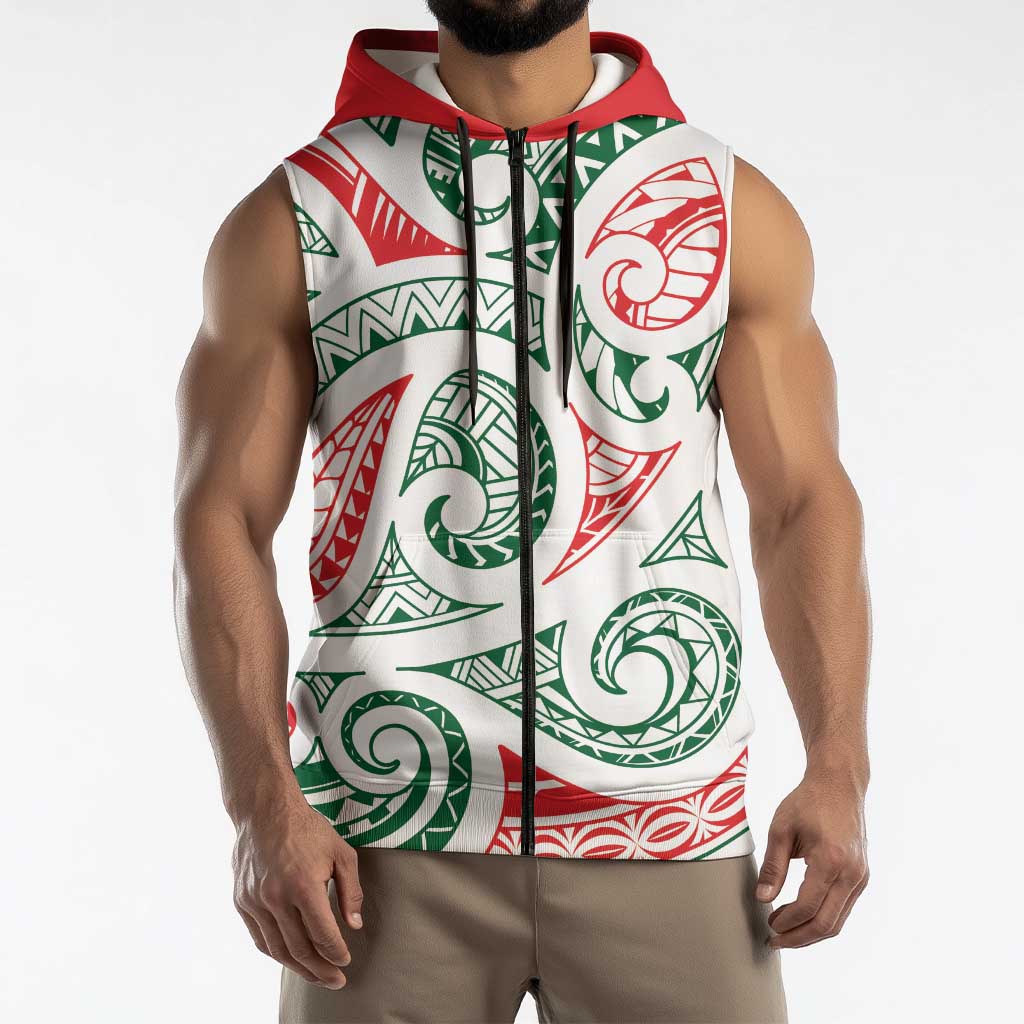 New Zealand Kowhaiwhai Christmas Sleeveless Zip Hoodie Traditional Maori Koru Pattern - Polynesian Pride